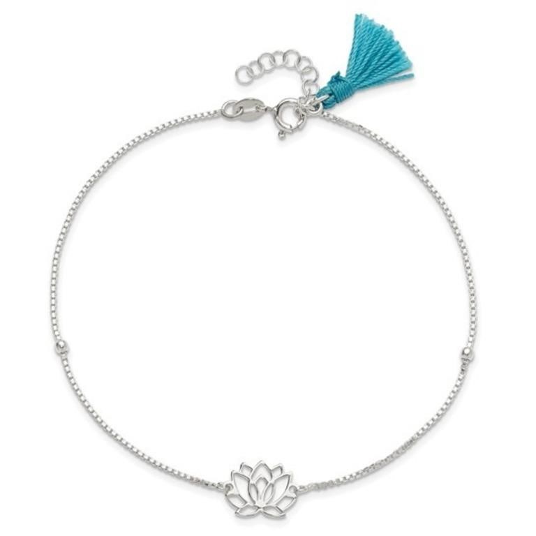 Sterling Silver  Blue Fabric Tassel Anklet