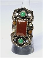 Vintage Chinese Export Ring: Carnelian, Jade