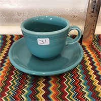 Cute Blue Fiesta Tea Coffee Cup / Mug Saucer