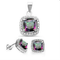 Cushion Cut Rainbow Topaz & Cz Pendant & Earrings