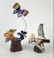 Cloisonné Bird and Stone & Gem Botanical Sculpture