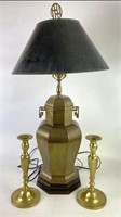 Brass Lamp with Shade & Pair of Brass Candlesticks