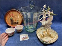 Lot: Figurines - wall plaques -glass vase(cracked)