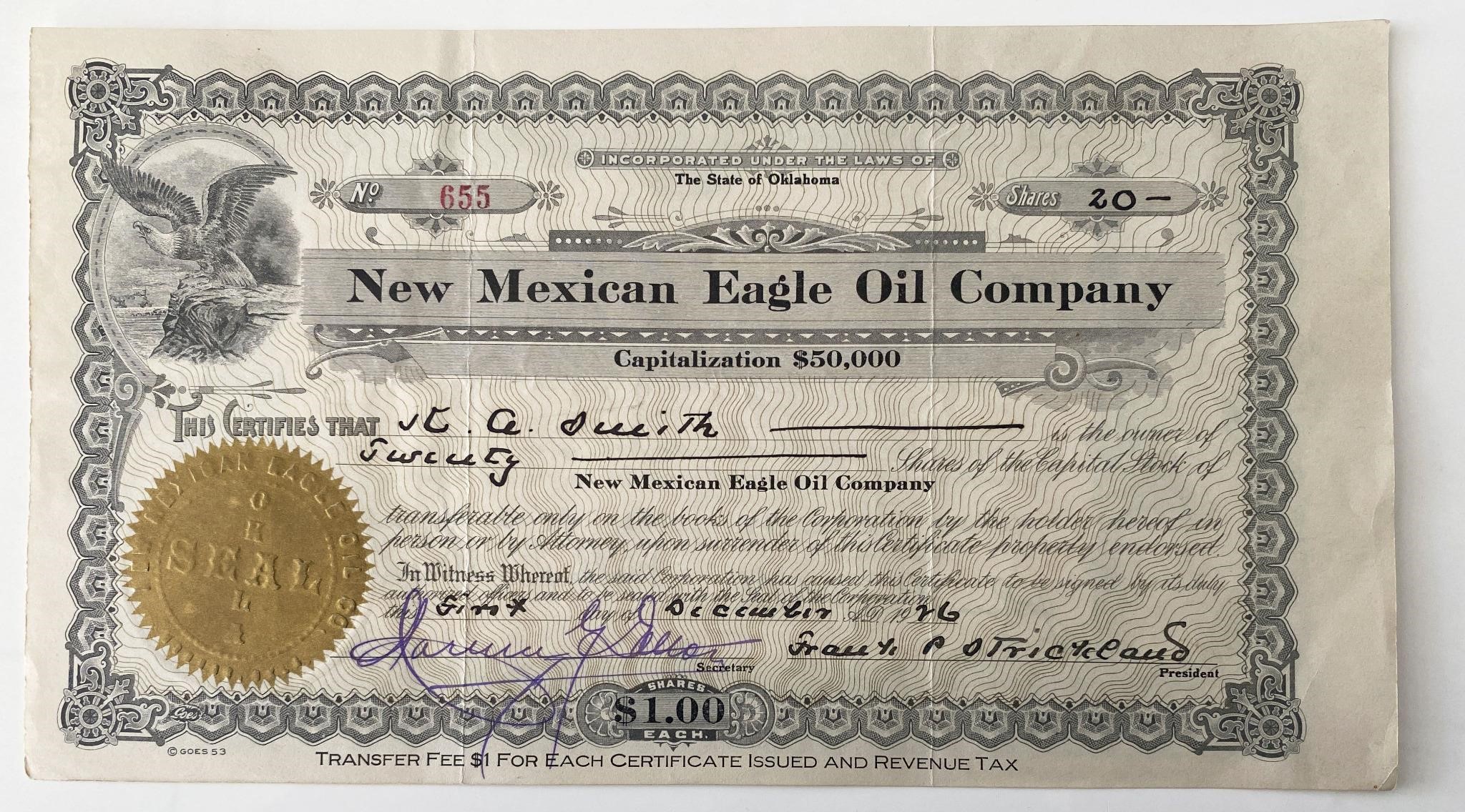 1926 New Mexican Eagle Oil Company Signed Stock Sh