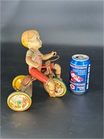 UNIQUE ART KIDDY CYCLIST TIN LITHO WIND UP TOY