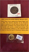 1838 LARGE CENT & 24KT GOLD PLATED INDIAN HEAD