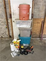 Storage bins, rags, water cooler, lawn