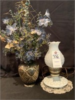 VTG Milk Glass Lamp & India Metal Vase w/ Floral