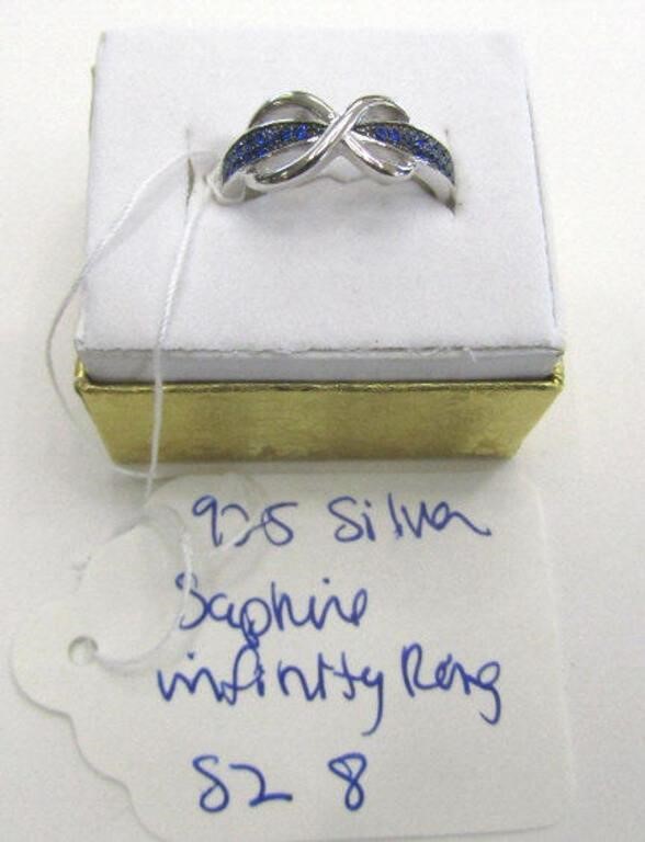 925 Silver Sapphire Infinity Ring Sz 8