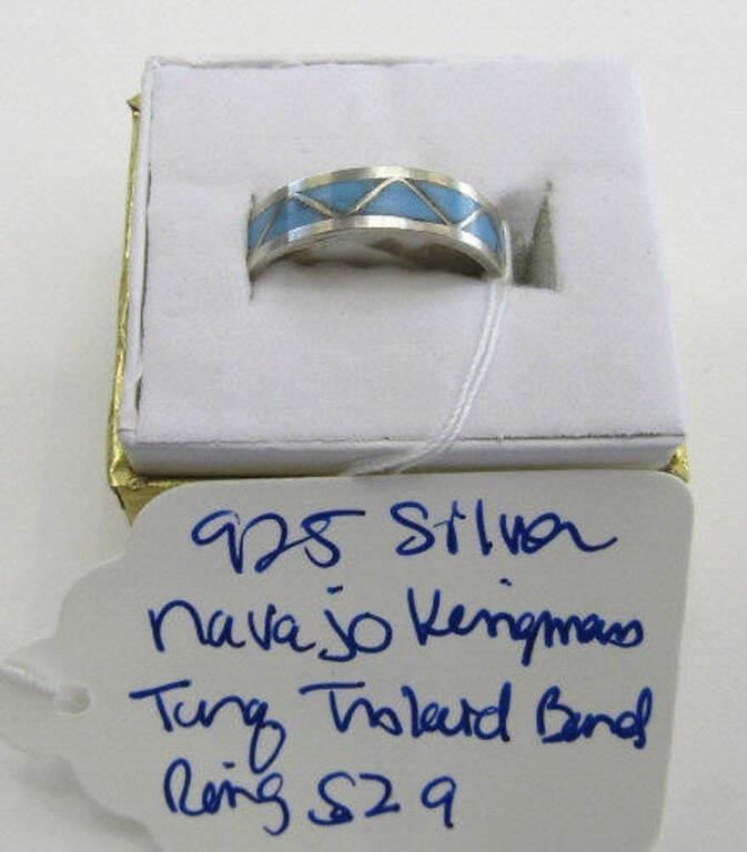 925 Silver Navajo Kingman Turq. Inlaid Band Ring 9