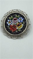 Flower Mosaic Glass ITALY Silver Tone Brooch