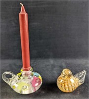 Vintage Joe St Clair Glass Candle Holder & Bird