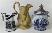 Glazed Ceramic Lidded Jar & Pitchers, Lot of 3