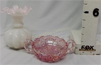 Vintage Pink Milk Glass Vase w/Ruffle & Dish