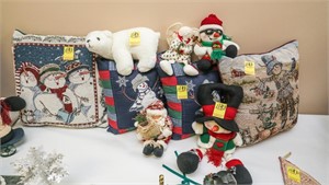 4-Christmas Pillows, Stuffed Bear and Snowmen