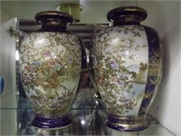 2 Hand Decorated Vases In Cobalt & Gold Accents