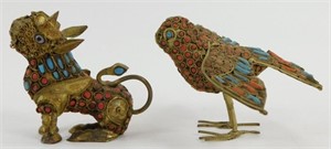 Tibetan Brass with Turquoise & Coral Bird and Foo