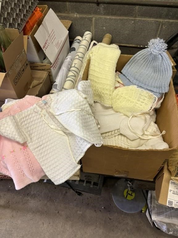 vintage baby clothes, blanket, hats, sweaters