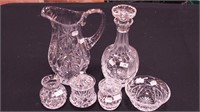Six pieces of cut glass: 10" serving pitcher and