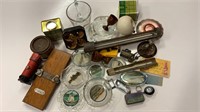 GROU LOT OF TINS, PHOTO DISHES, TOYS, THERMOETERS,