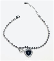 Sterling Silver Black Onyx Heart Pearl Bracelet