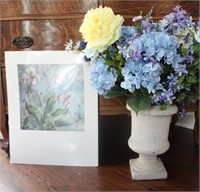 Art Print & Concrete Flower Vase w/ Faux Flowers