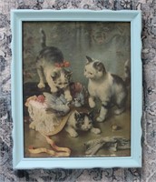 1900 Vintage Lithograph Mischievous Kittens Framed