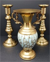 Brass Candlesticks & Celanese Brasstone Vase