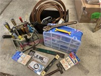 Blue organizer, Tools, copper tube, misc junk