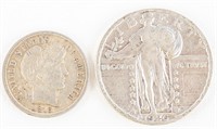 Coin 1916 Barber Dime & 1926 Standing Lib Quarter