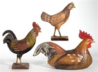 FOLK ART PAINTED ROOSTERS, LOT OF THREE,