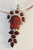 Handmade sterling XL Buddha head Garnet pendant,
