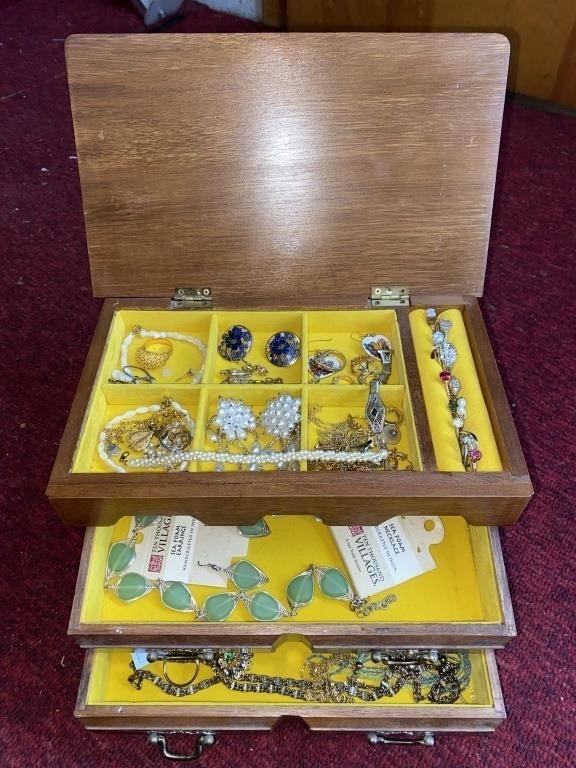 WOODEN JEWELRY BOX WITH COSTUME JEWELRY