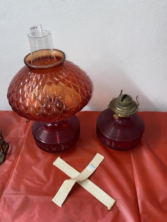 (2) MATCHING P&A ORANGE GLASS OIL LAMPS