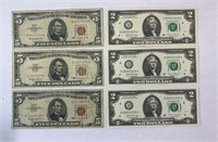 (3) RED SEAL 5 DOLLAR, (3) 2 DOLLAR GREEN SEAL