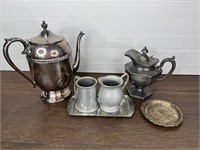 Lot of Silver & Pewter Tableware- Teapot, Creamer