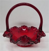 8" Ruby red Open Rose Crimped Basket With Handle