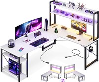 L Shaped Gaming Desk Hutch & Power Outlets & LED