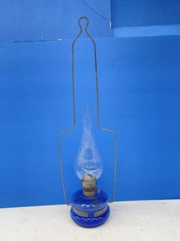 Antique Blue Glass Oil Lamp & Chimney And Iron
