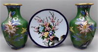 Mid Century Chinese Cloisonne Pair of Vases & Dish