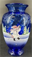 Fenton Cobalt Hp Snowman Vase #1300 By K Easton