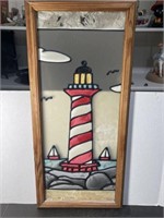 VINTAGE LIGHTHOUSE STAINED GLASS WINDOW PANEL