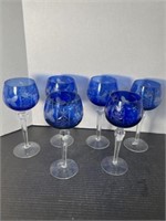 VINTAGE SET OF 6 BLUE CUT TO CLEAR LONG STEM WINE