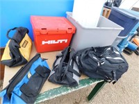 Plastic totes, 3 tool bags & backpack, etc