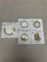 1958 half dollar, quarter, dime, nickel, and