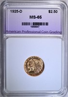 1925-D $2.50 GOLD INDIAN, APCG GEM BU