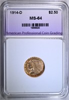 1914-D $2.50 GOLD INDIAN, APCG CH/GEM BU
