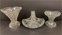 2 Vases And Basket Glass Clear