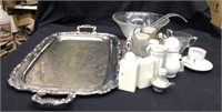 Silver Serving Tray,Glass Punch Bowl w/ (2)