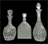 (3) Cut and Etched Glass Decanters